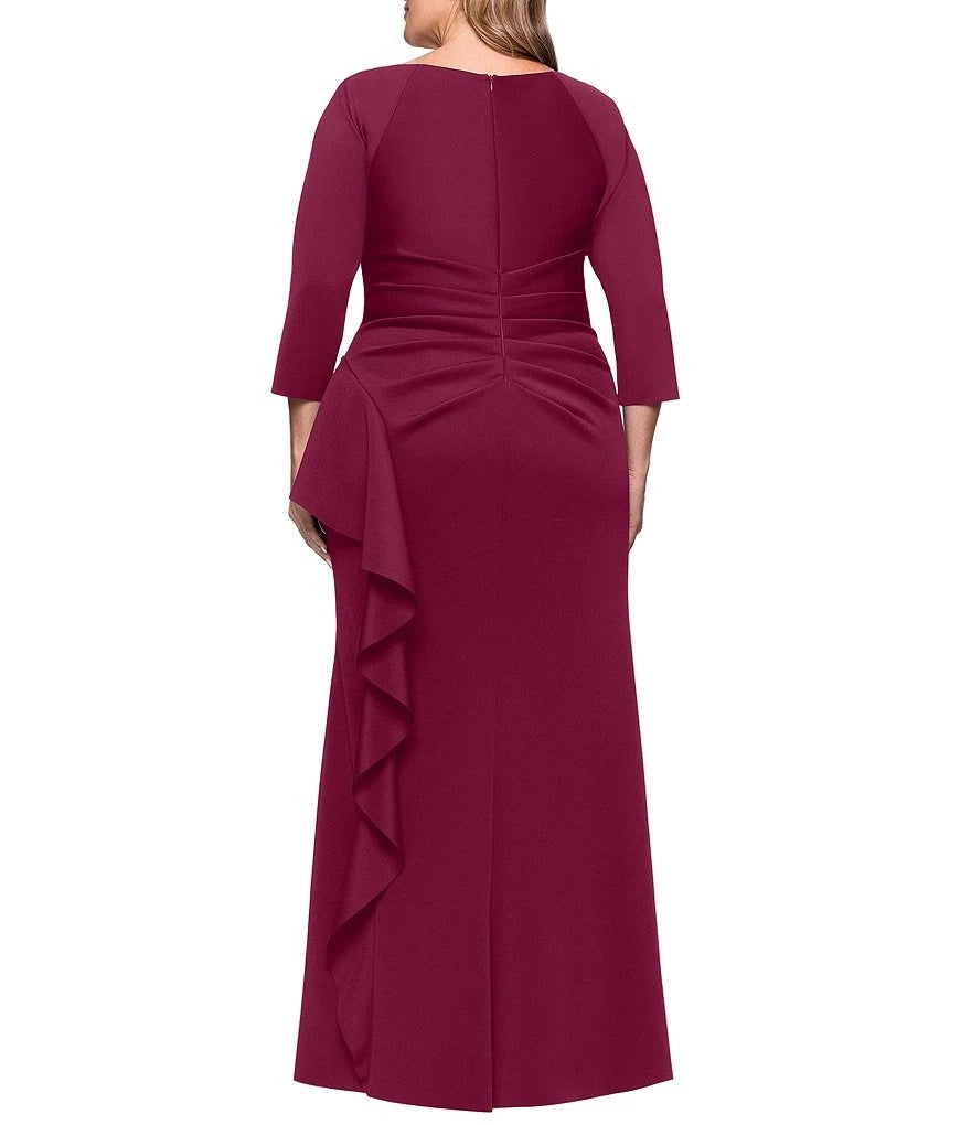 Elegant Plus Size Sheath V-Neck Three-Quarter-Sleeve Zipper-Back Floor-Length Mother of Bride Dress