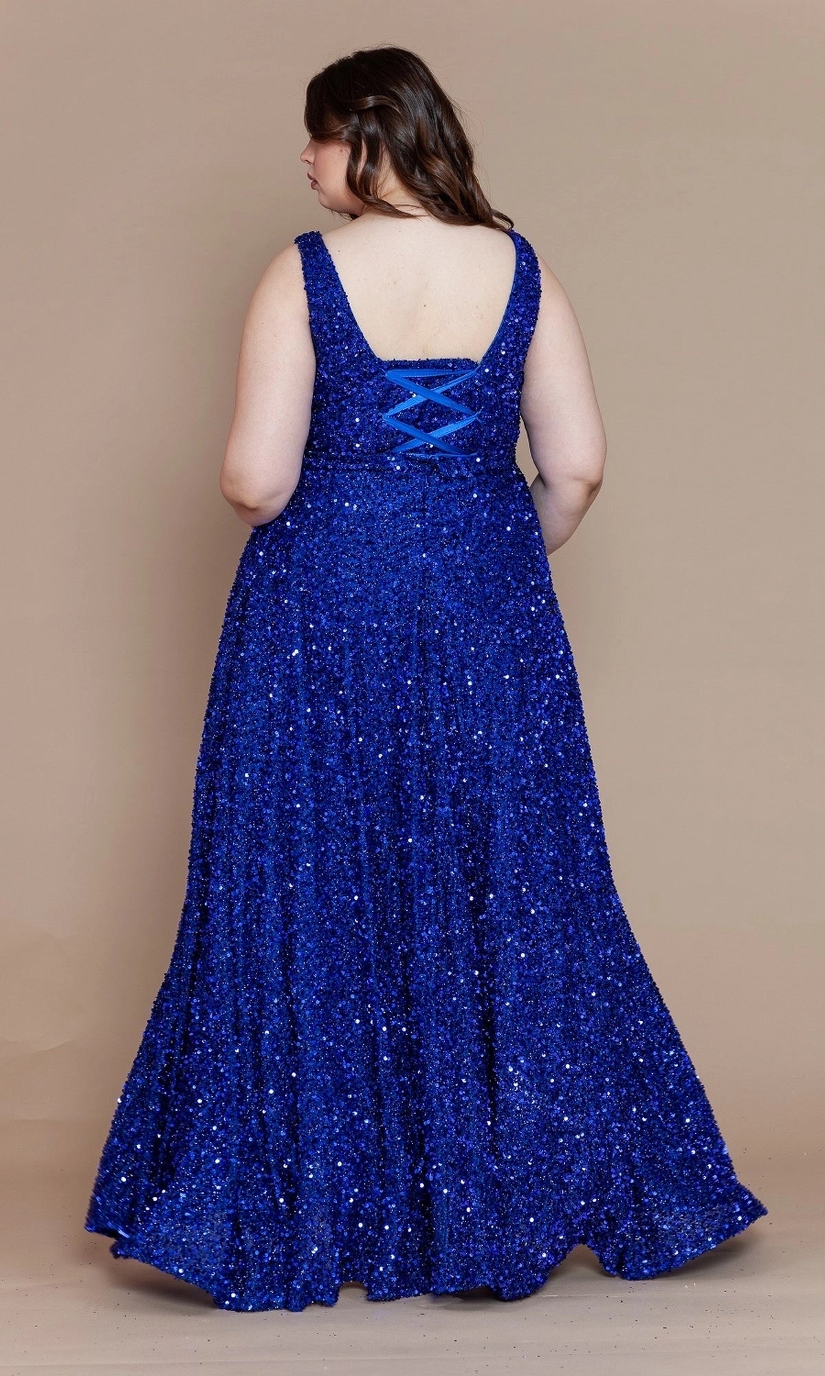 Glamorous Plus Size A-Line V-Neck Lace-Up Long Sequin Evening Dress