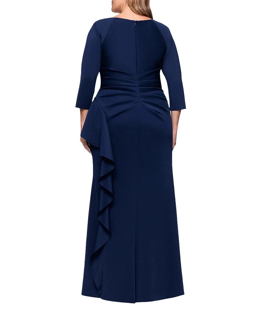 Navy blue mother of the bride dress with zipper back, ruched waist and floor-length skirt
