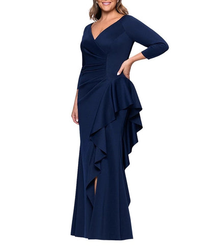 Elegant Plus Size Sheath V-Neck Three-Quarter-Sleeve Zipper-Back Floor-Length Mother of Bride Dress