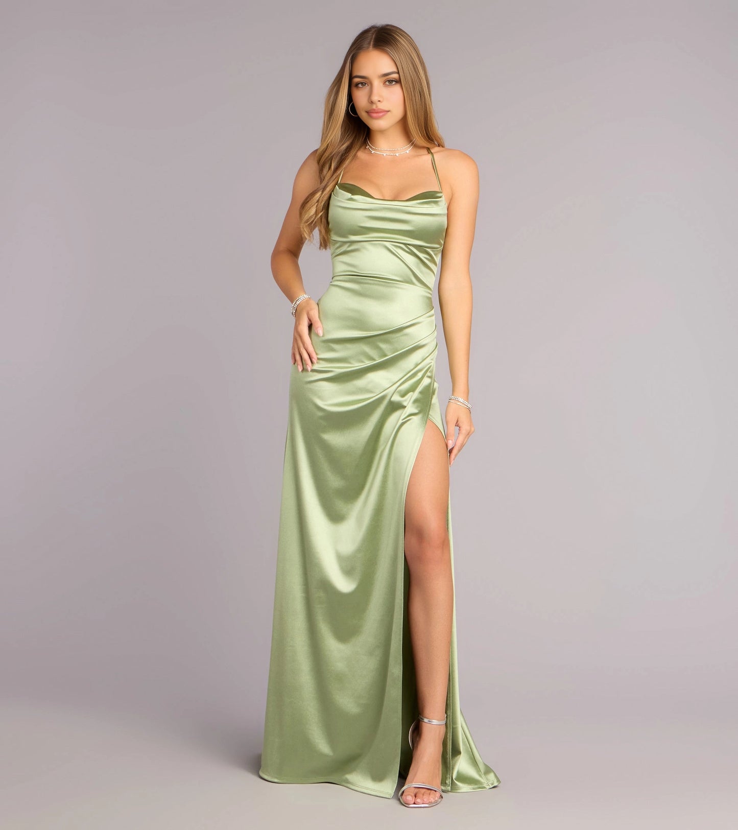 Slim Maxi Spaghetti Lace-Up Back Ruched Long Prom Dress