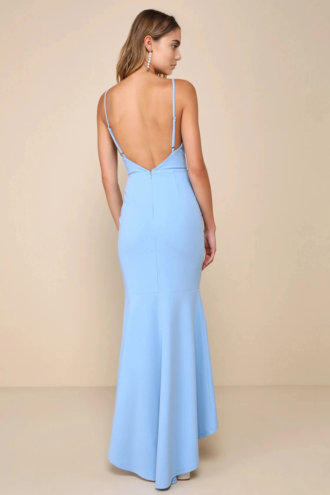 roselledress baby blue minimalist bridal gown seamless deep v plain open back adjustable slide spaghetti straps vertical invisible zipper crepe spring wedding guest dress back view
