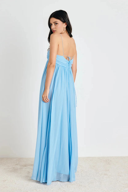 roselledress light blue airy bridal gown seamless deep v adjustable fabric tie lace up open back thin spaghetti crinkle chiffon beach spring wedding guest dress full back view