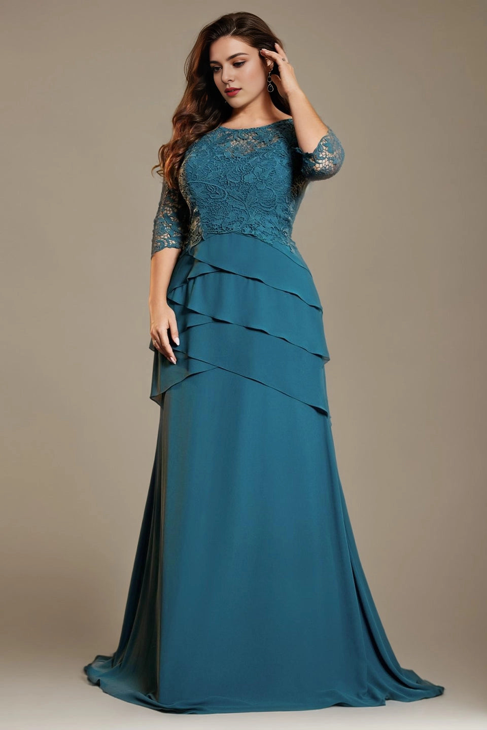 Teal Plus Size Mermaid Bateau‑Neck 3/4‑Sleeve Lace Zip‑Back Floor‑Length Prom Dress