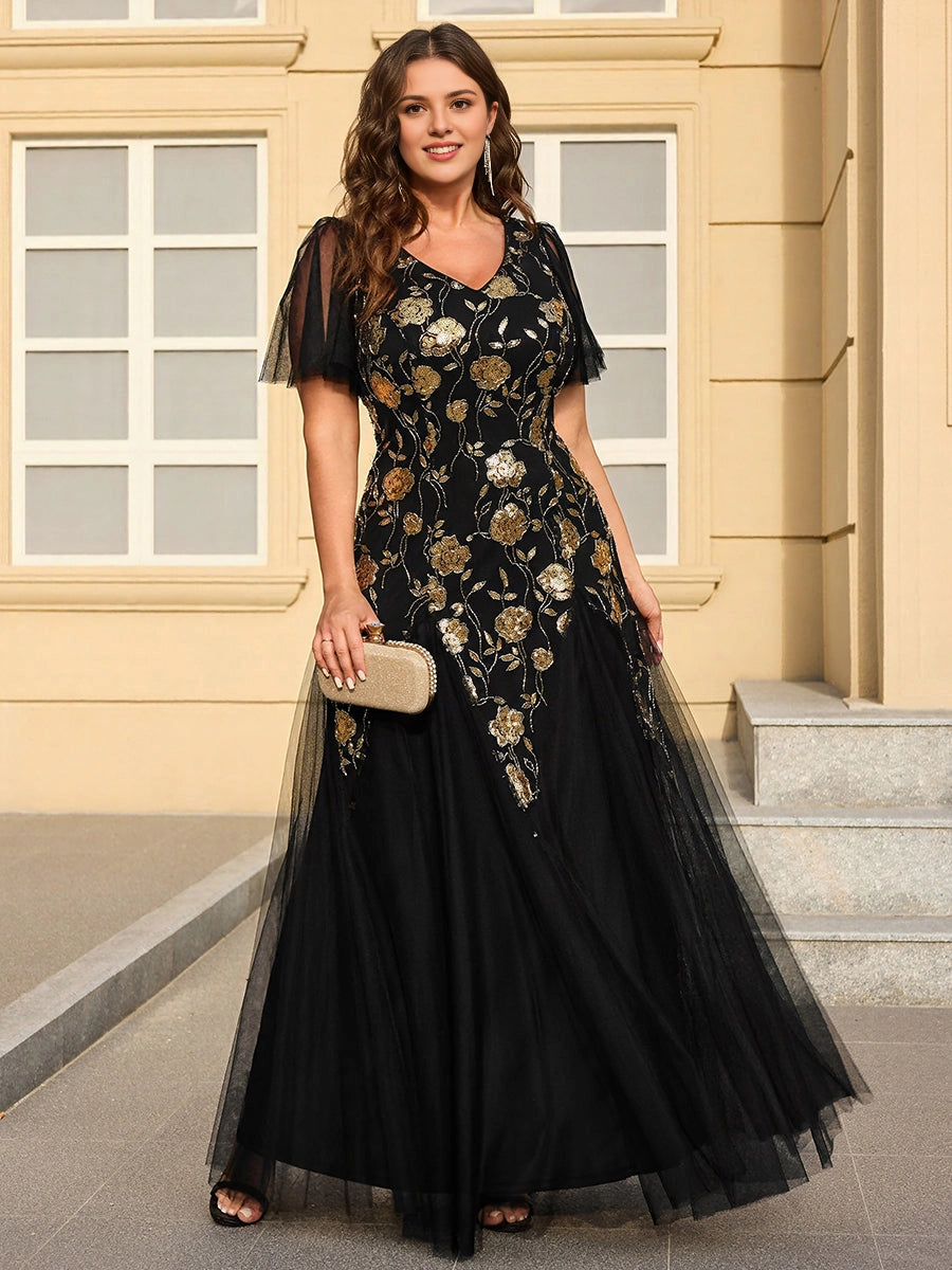Roselledress Champagne A-line V-Neck Flutter Sleeve Zipper Back Floor Length Plus Size Wedding Guest Dress 
