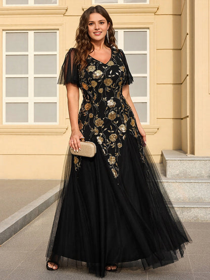 Roselledress Champagne A-line V-Neck Flutter Sleeve Zipper Back Floor Length Plus Size Wedding Guest Dress 