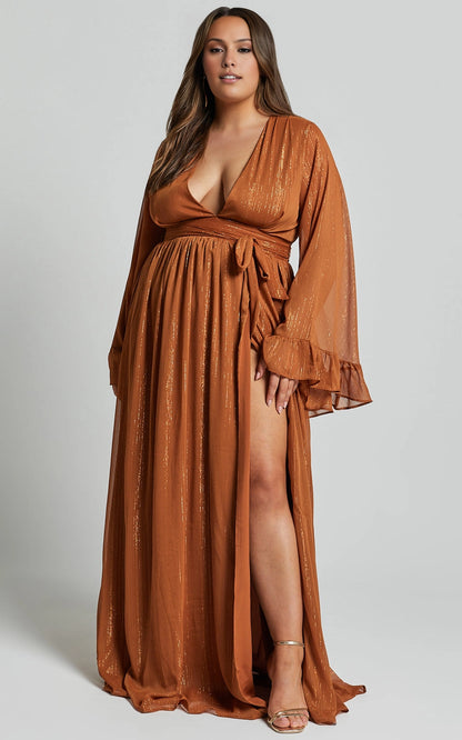 Boho A Line V Neck Bell Sleeve Tie Waist Chiffon Plus Size Wedding Guest Dress