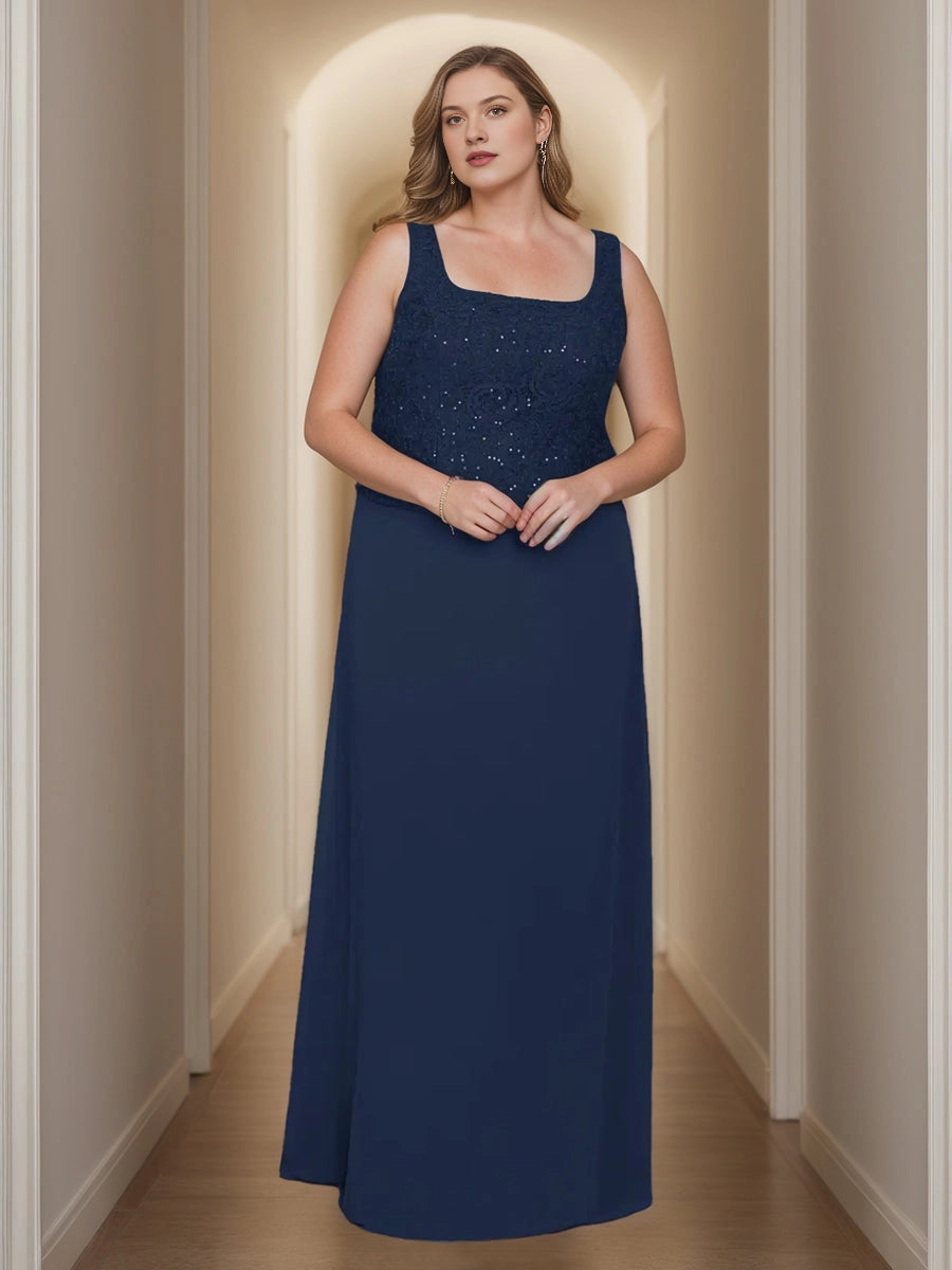 Modest A‑Line Square‑Neck 3/4‑Sleeve Closed‑Back Floor‑Length Plus Size Mother Of The Bride Dress