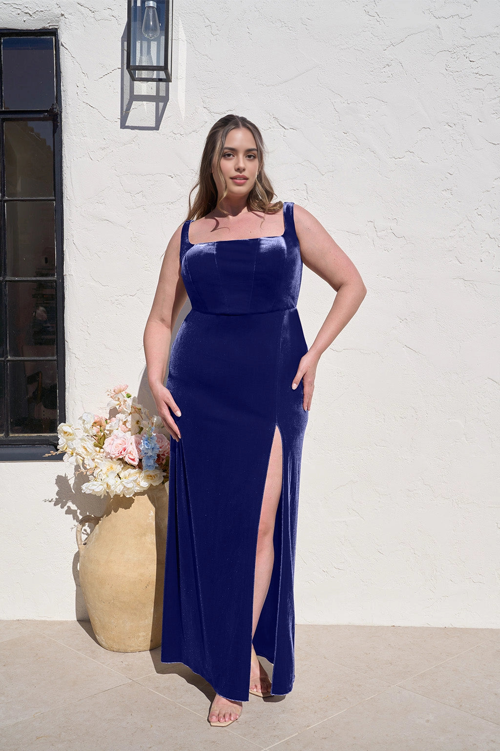Elegant Sheath Square Neck Sleeveless Scoop Back Long Plus Size Wedding Guest Dress