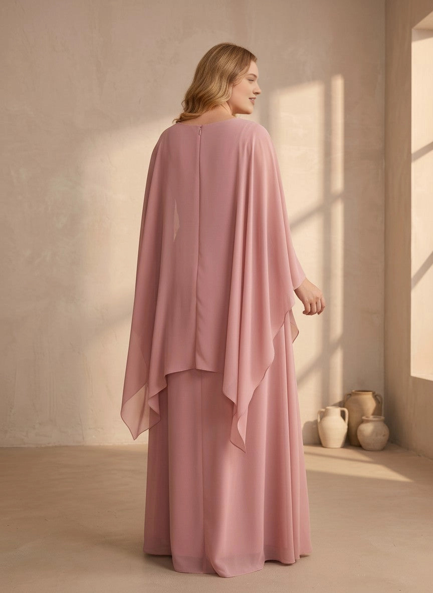 Dusty rose plus size formal gown back view, round neck, center back zipper, capelet overlay and long chiffon skirt

