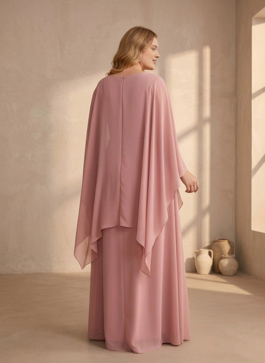 Dusty rose plus size formal gown back view, round neck, center back zipper, capelet overlay and long chiffon skirt
