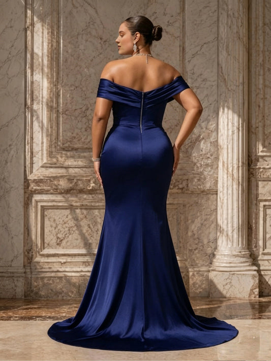 Plus size navy evening dress with off-the-shoulder neckline, center back zipper and mermaid skirt
