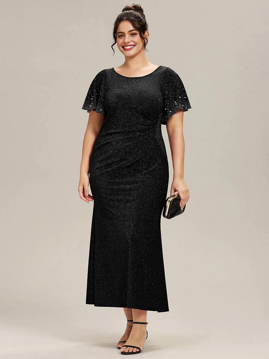 Sheath Glitter Round Neck Rhinestone Flutter Sleeve Ruched Back Midi Plus Size Wedding Guest Dress