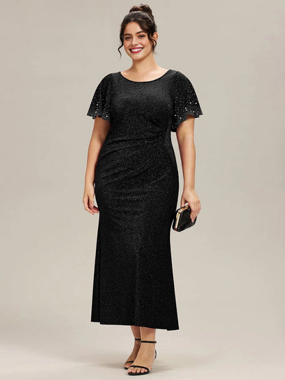 Sheath Glitter Round Neck Rhinestone Flutter Sleeve Ruched Back Midi Plus Size Wedding Guest Dress