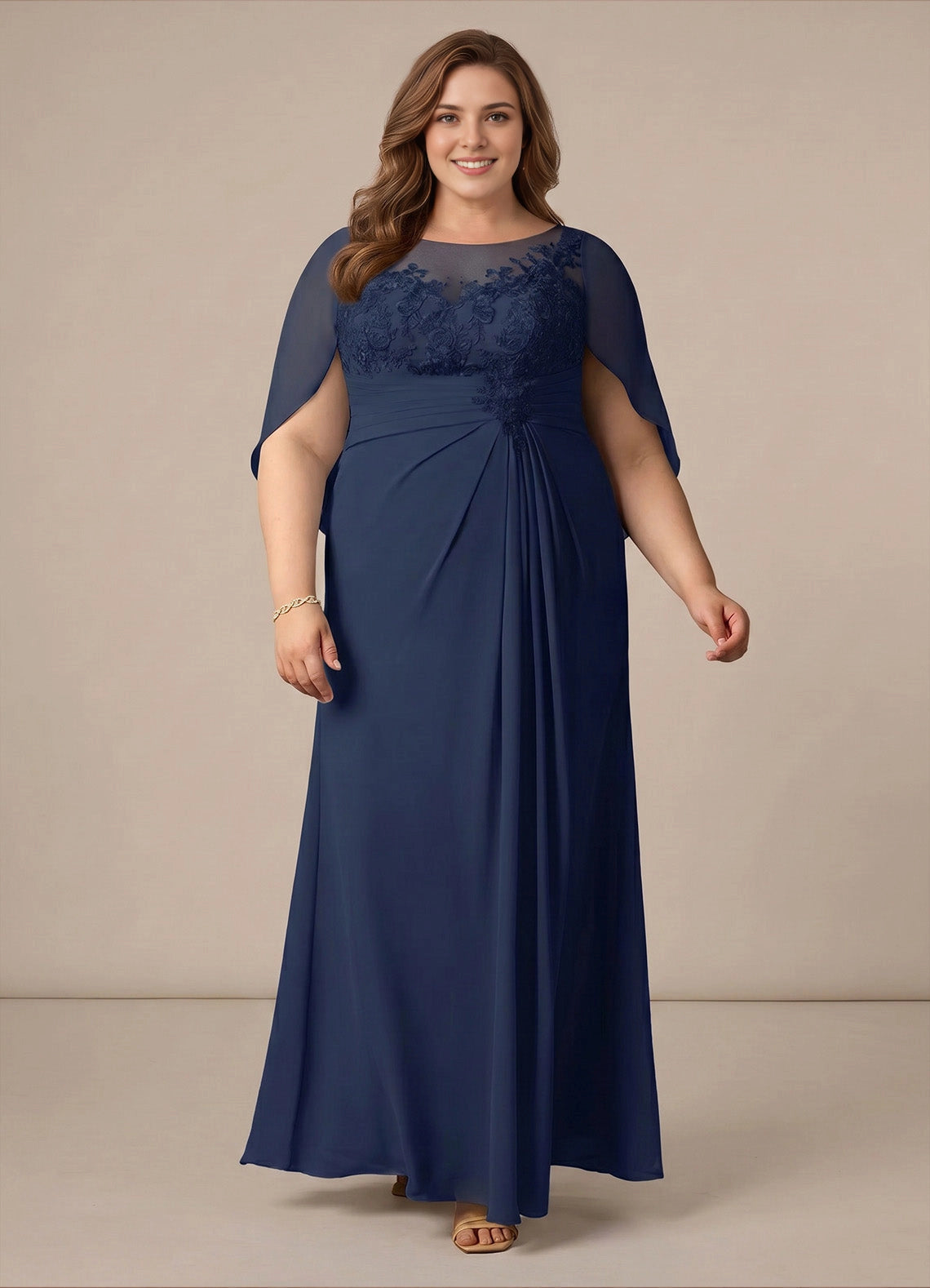 Elegant A-line Illusion Neck Cape Sleeve Draped-Back Maxi plus size Mother Of Bride Dress