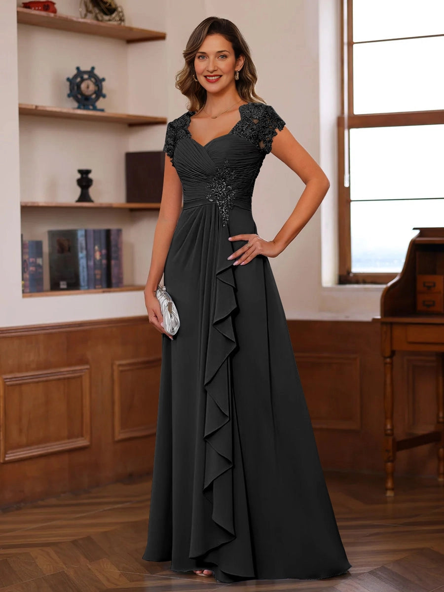 Romantic A-Line Sweetheart Neck Cap-Sleeve Closed-Back Floor-Length Mother of the Bride Dresses