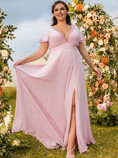 Elegant A-Line V-Neck Flutter Sleeve Illusion Back Maxi Plus Size Bridesmaid Dress