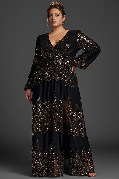Glam Plus Size A-Line V-Neck Long-Sleeve Solid-Back Floor-Length Mother Of Bride Dress