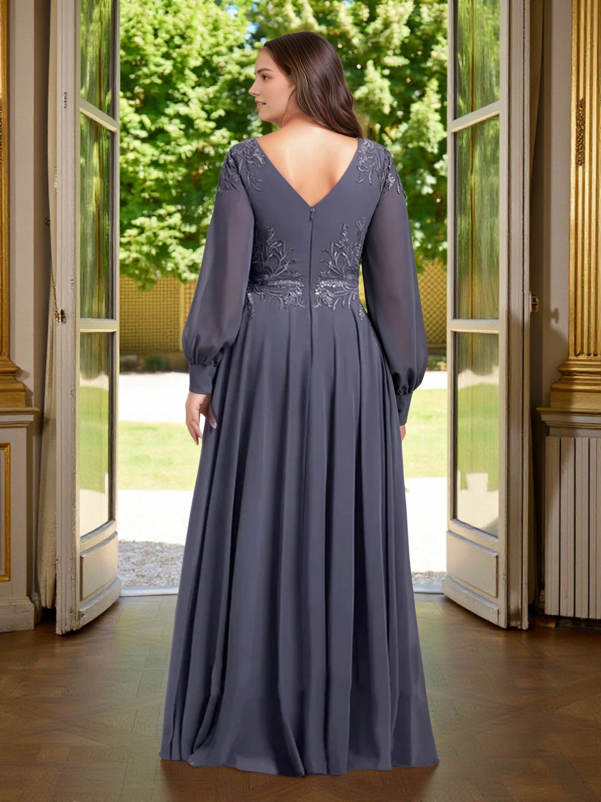 Roselledress charcoal grey a‑line formal dress back view, deep v‑back zipper closure lace applique mother of bride gown