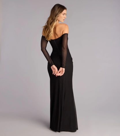 Roselledress black off shoulder backless mesh gown vertical zipper back mermaid long cocktail dress
