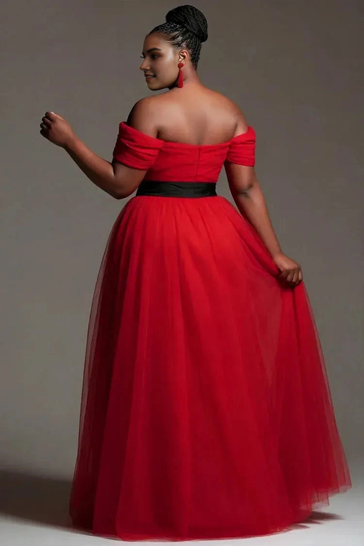 Roselledress red a‑line tulle dress back view,open back off‑shoulder plus size formal evening gown