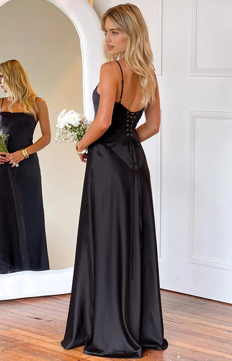 RoselleDress corset lace up open back black satin maxi gown adjustable straps back view