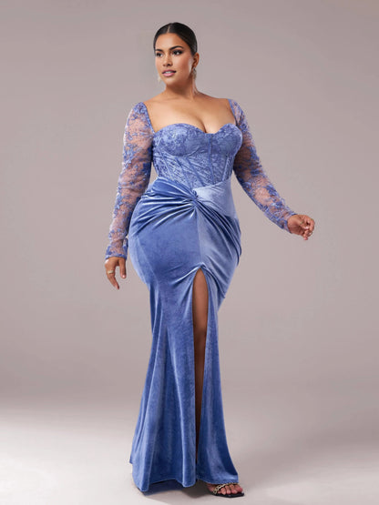 Luxurious Mermaid Sweetheart Long‑Sleeve Lace‑Up‑Back Floor‑Length Plus Size Prom Dress