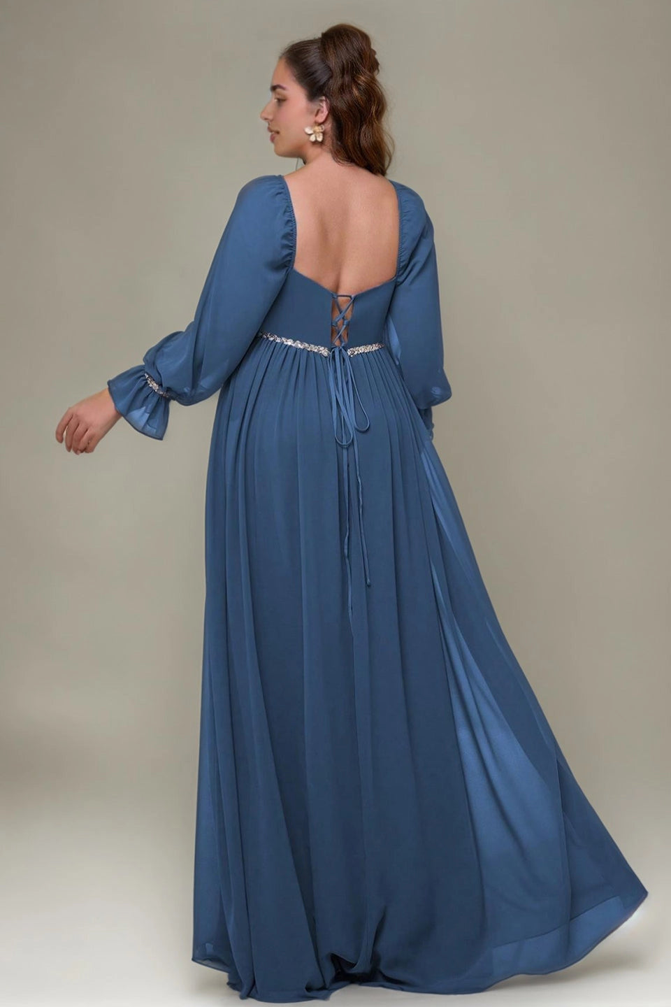 Olive Green Plus Size A-Line Square Long Sleeve Criss Cross Back Long Prom Dress