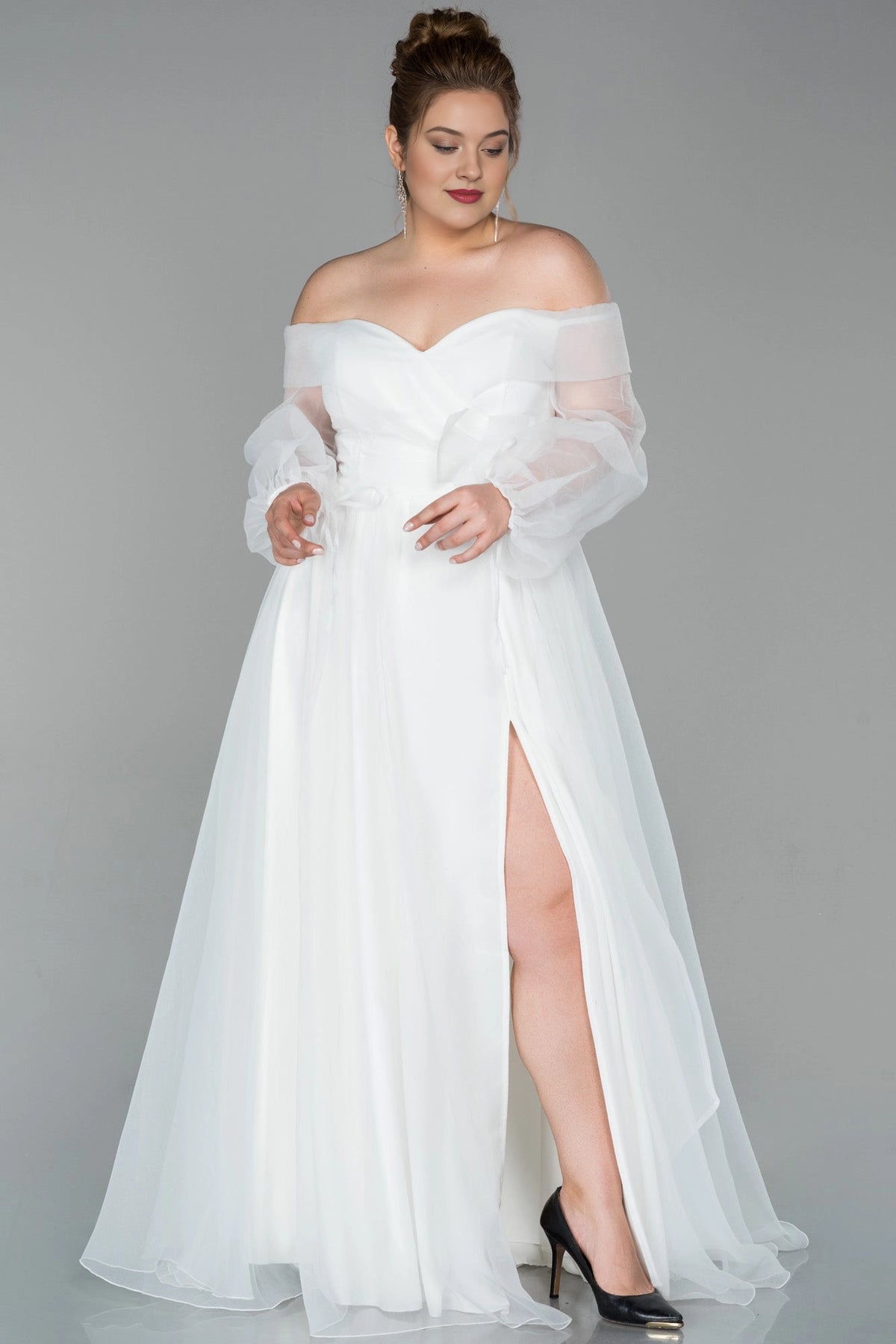 Glamorous Plus Size A-Line Off Shoulder Puff Sleeve Zipper Back Evening Dress