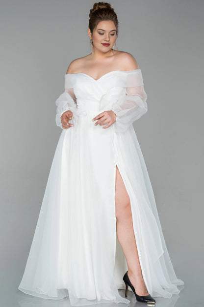 Glamorous Plus Size A-Line Off Shoulder Puff Sleeve Zipper Back Evening Dress