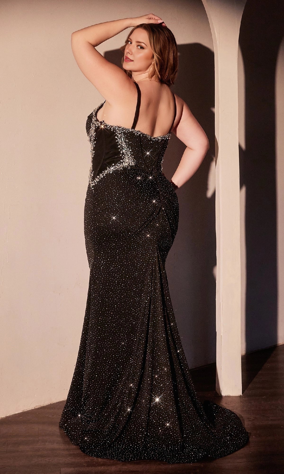 Roselledress plus size sparkly mermaid prom dress back view, open back rhinestone trim black formal evening dress