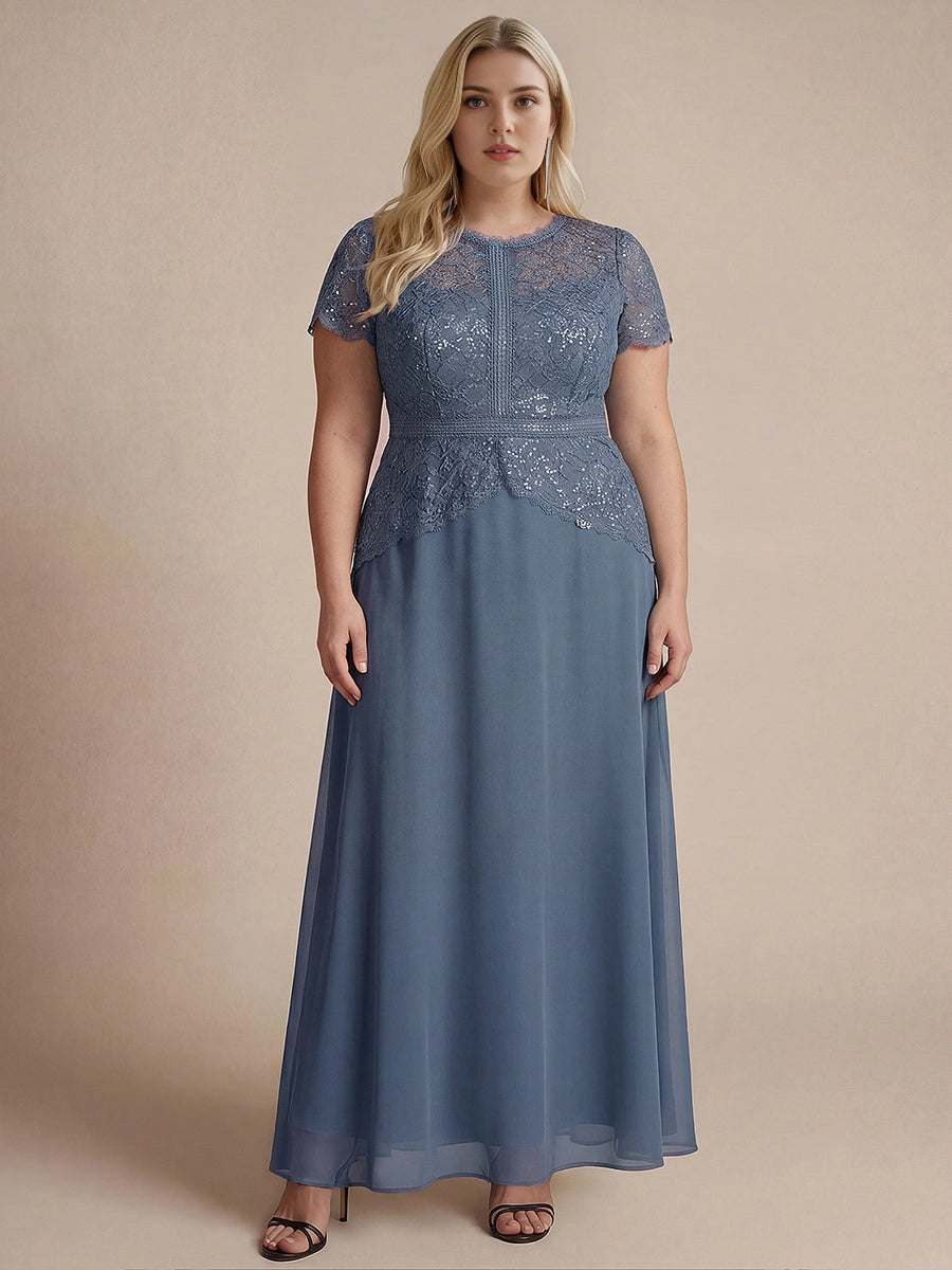 Roselledress Black A Line High Neck Short Sleeve Zip Back Maxi Plus Size Wedding Guest Dress 