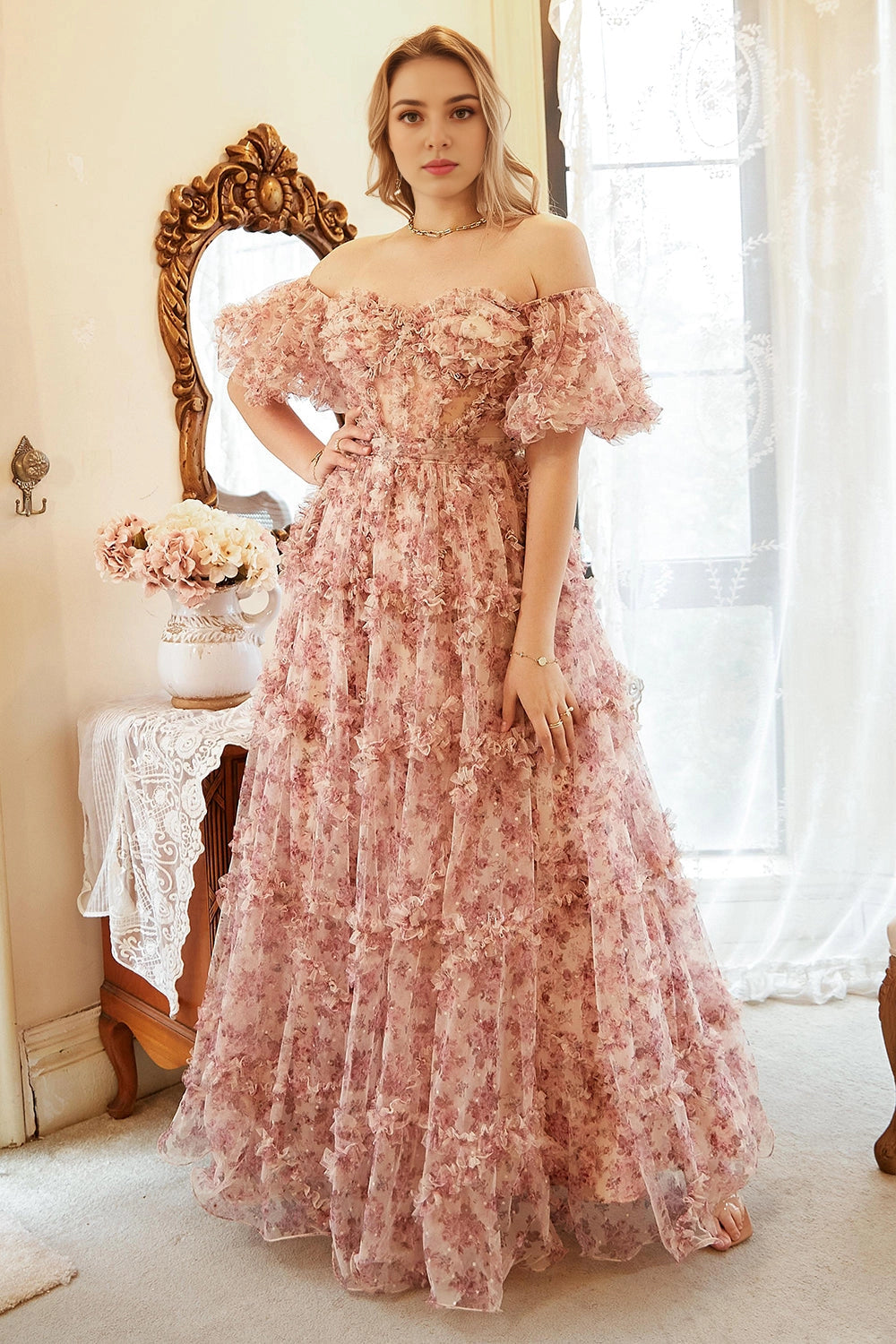 Dusty‑Pink Plus‑Size A‑Line Off‑Shoulder Puff‑Sleeve Zipper‑Back Floor‑Length Prom Dress 