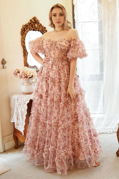 Dusty‑Pink Plus‑Size A‑Line Off‑Shoulder Puff‑Sleeve Zipper‑Back Floor‑Length Prom Dress 