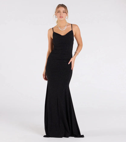 Roselledress black glitter spaghetti strap cowl neck ruched mermaid prom gown front view