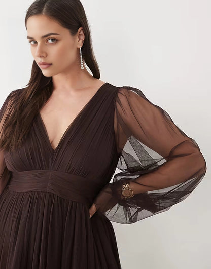 V‑Neck Puff Long Sleeve Tiered Tulle Maxi Plus Size Wedding Guest Dress