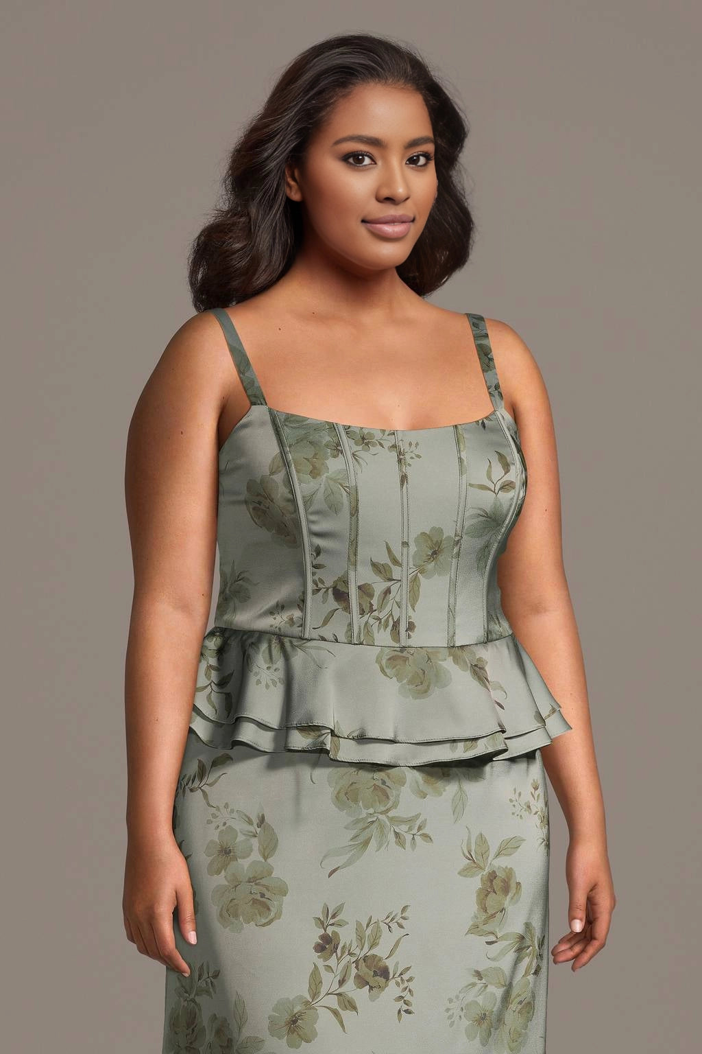 Plus Size Sage Jacquard Satin Corset Peplum Square Neck Long Wedding Guest Dress