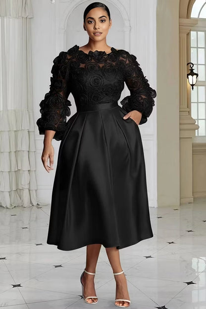 Roselledress Classic A-Line Round Neck 3/4 Sleeve Back Zipper 3D Floral Satin Midi Plus Size Prom Dress