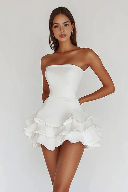RoselleDress white strapless tiered ruffle mini homecoming dress corset a-line bridal party gown