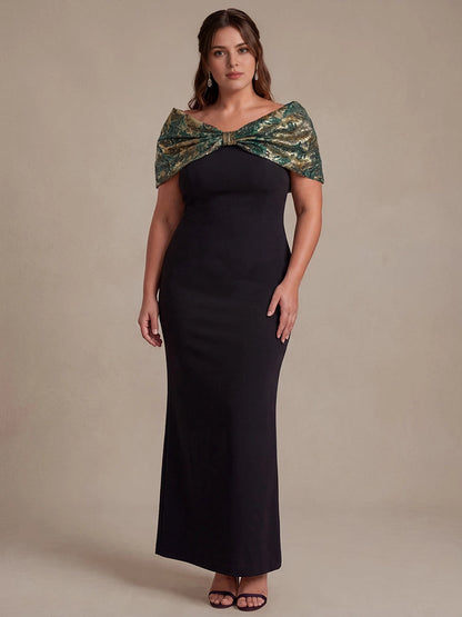 Roselledress Black Mermaid Off Shoulder Bow Sleeve Button Back Floor Length Plus Size Wedding Guest Dress 