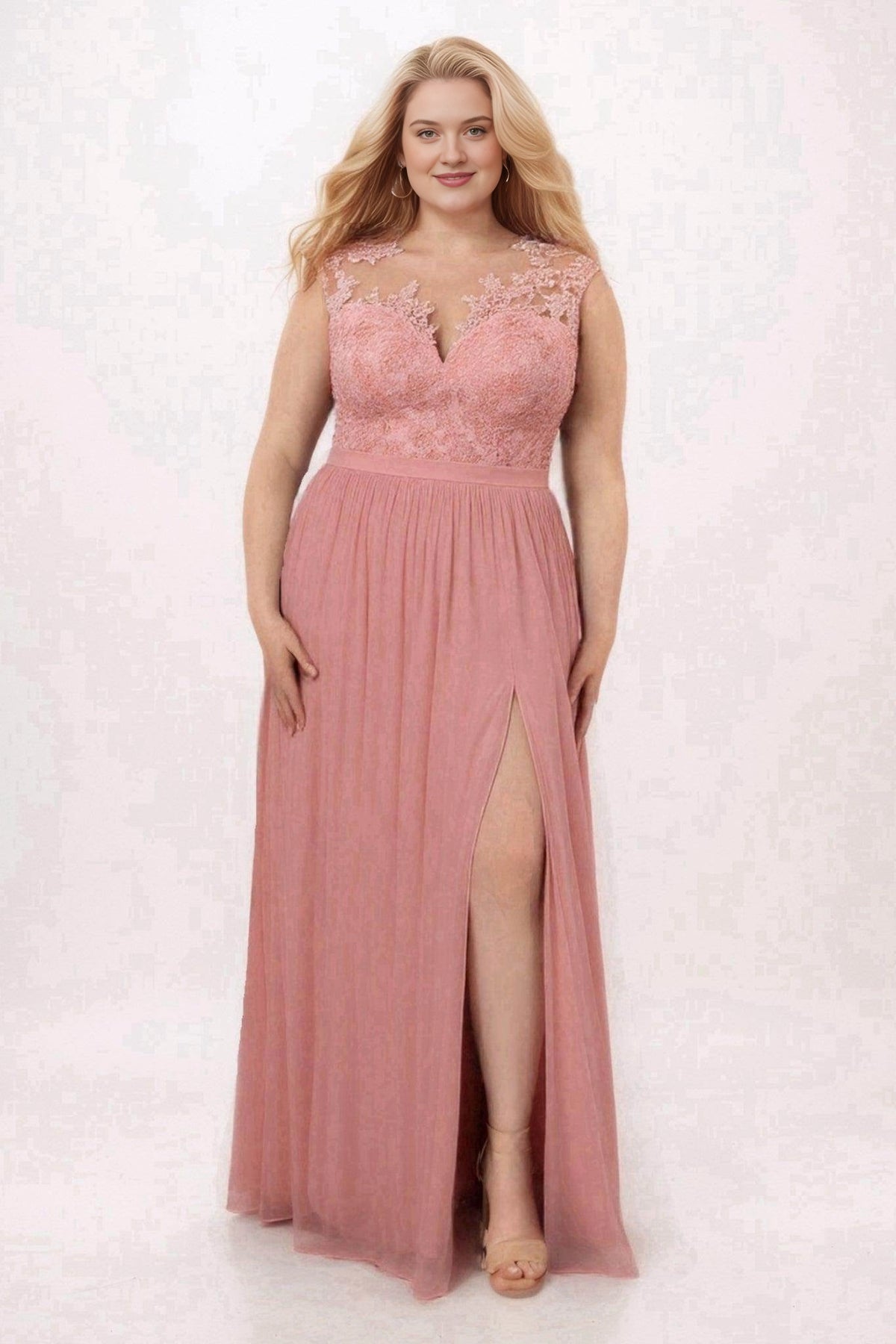 Pink lace and chiffon A-line bridesmaid dress with an illusion neckline, sleeveless bodice, narrow waistband and high slit, front view.