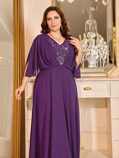 Elegant Plus Size A-Line V-Neck Flutter-Sleeve V-Back Maxi Beaded Mother of Bride Dress