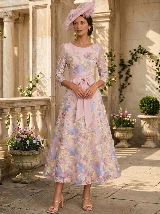 Fresh A-Line Bateau Neck Three-Quarter-Sleeve Closed-Back Midi Mother of the Bride Dresses