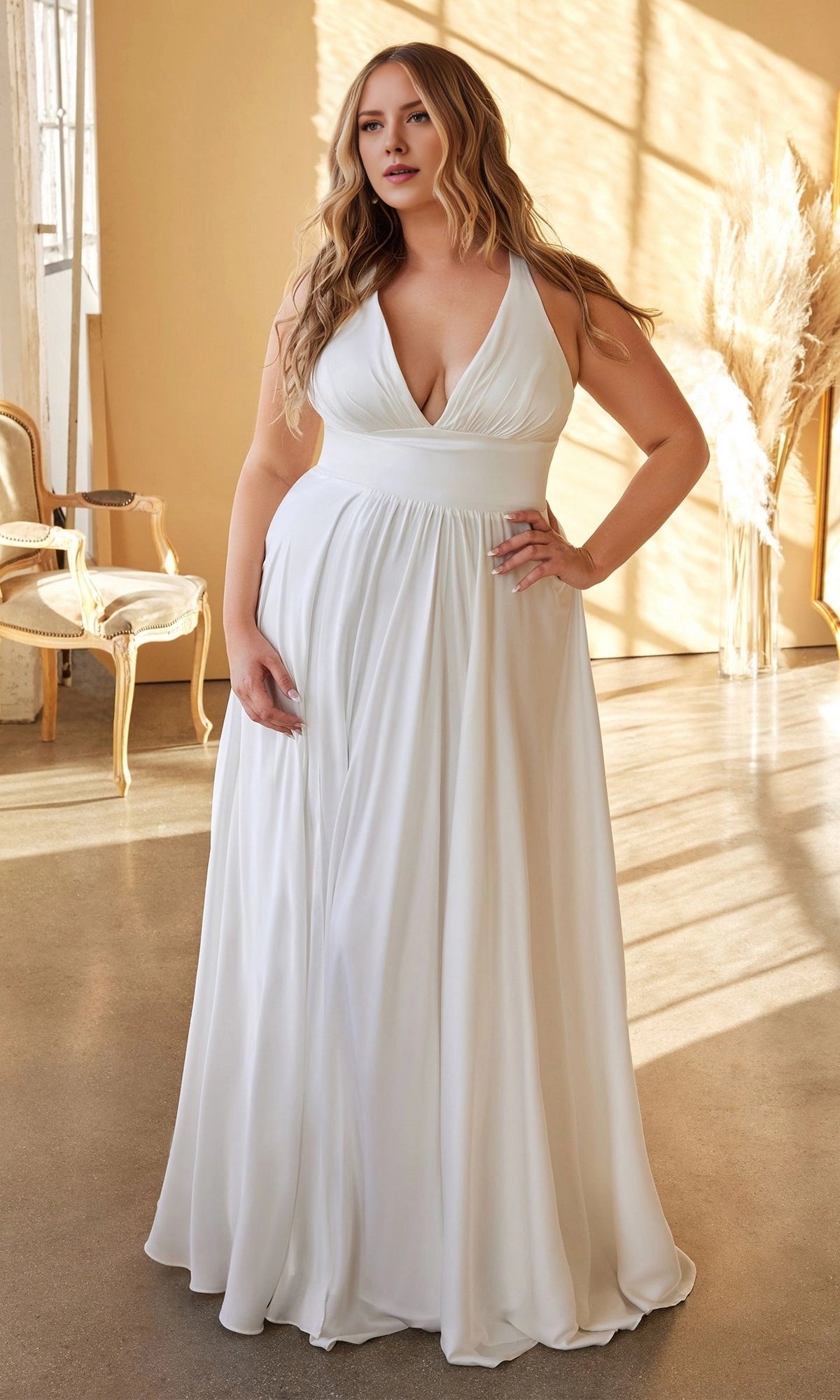 A-Line V-Neck Sleeveless Back Zipper Floor Length Plus Size Chiffon Wedding Dress