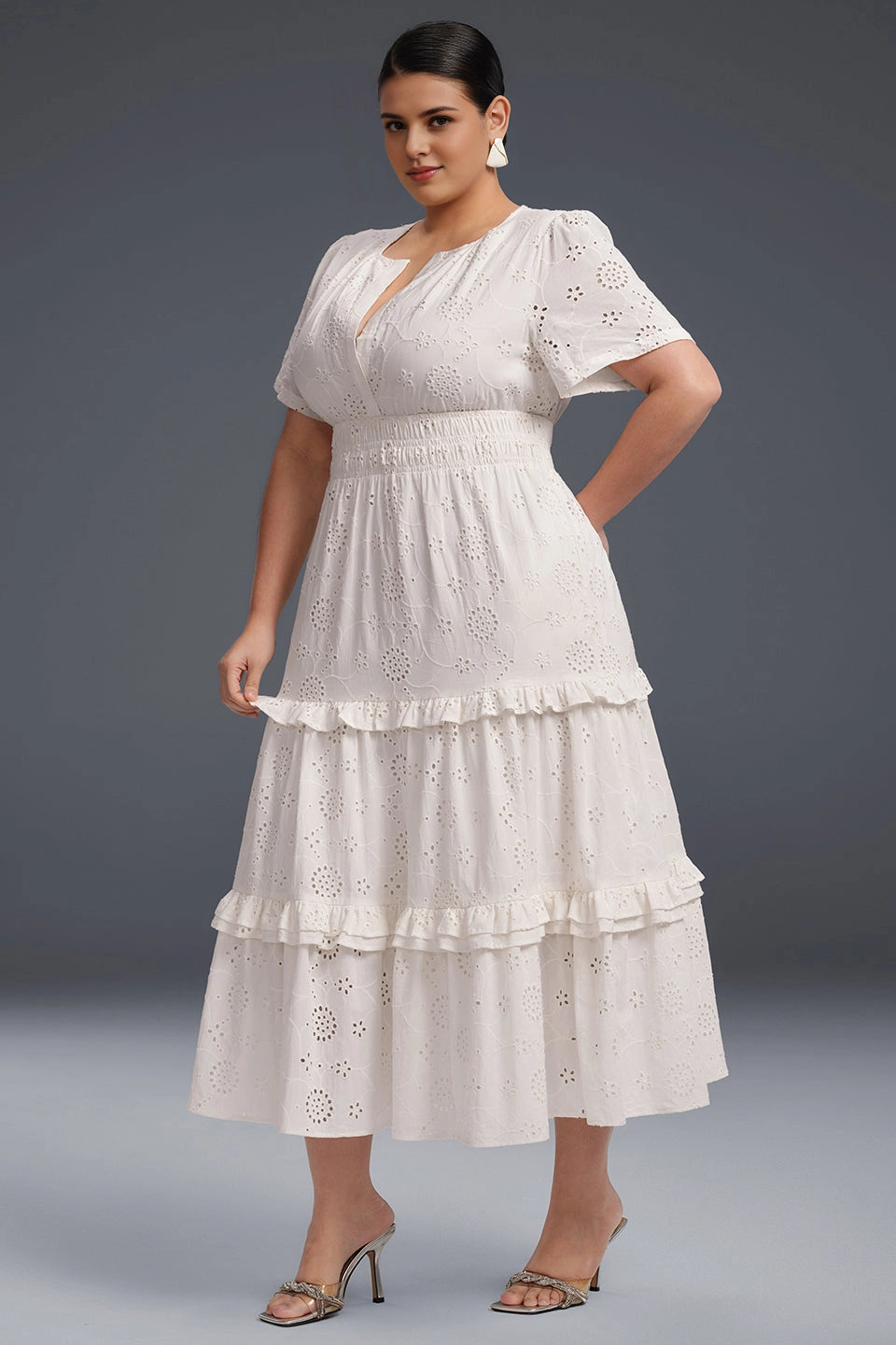 Plus Size White A‑Line Notch Neck Short Sleeve Solid‑Back Midi Prom Dress