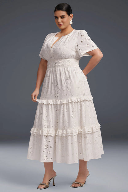 Plus Size White A‑Line Notch Neck Short Sleeve Solid‑Back Midi Prom Dress