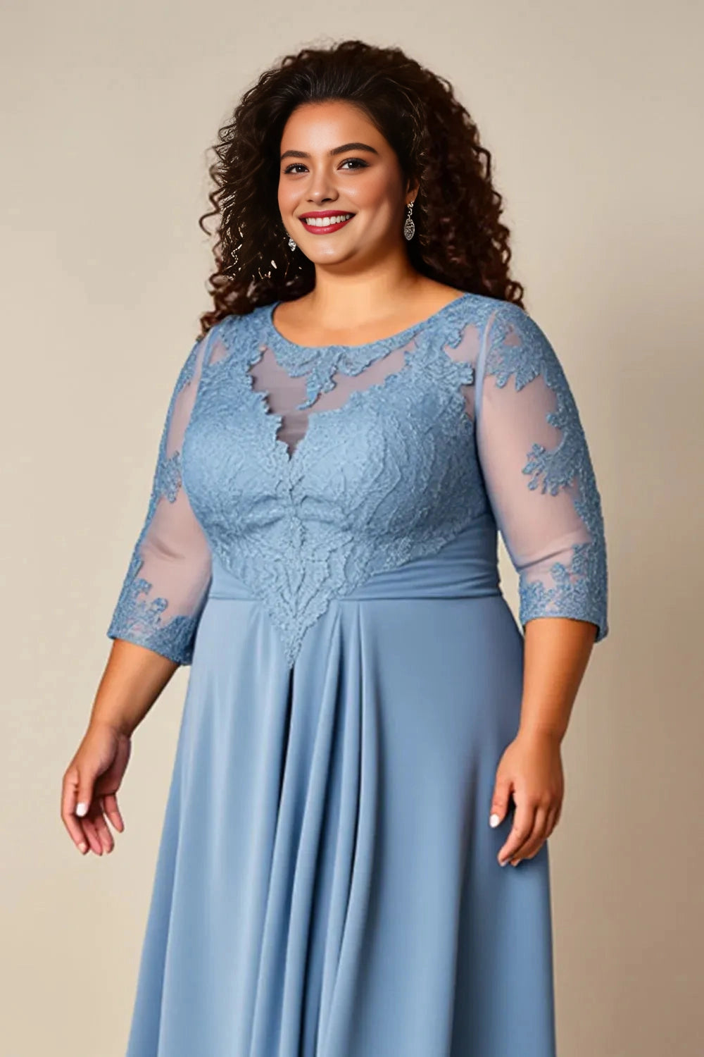 Elegant A‑Line Illusion‑Neck 3/4‑Sleeve Closed‑Back Floor‑Length Plus Size Mother Of The Bride Dress