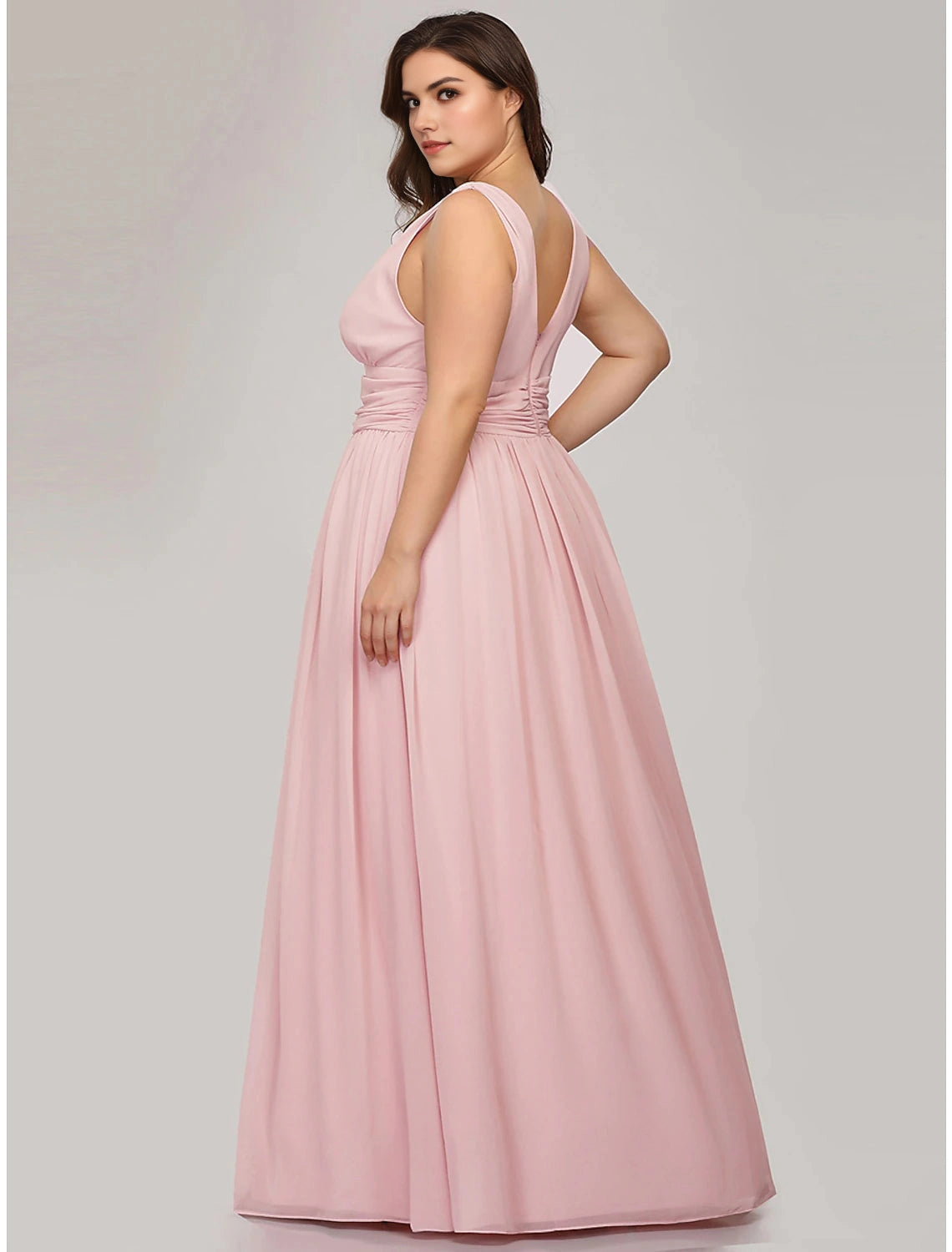 Roselledress blush a‑line chiffon dress back view,deep v ruched back plus size formal evening gown