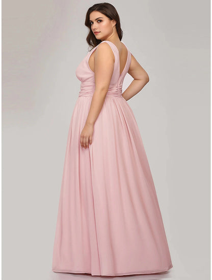 Roselledress blush a‑line chiffon dress back view,deep v ruched back plus size formal evening gown