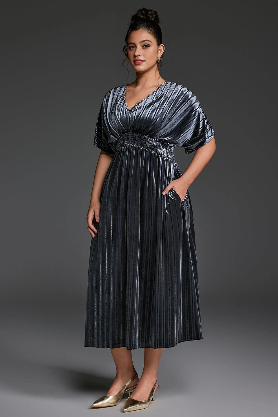 Shiny Plus Size A-Line V-Neck Dolman-Sleeve Solid-Back Midi-Length Mother Of Bride Dress